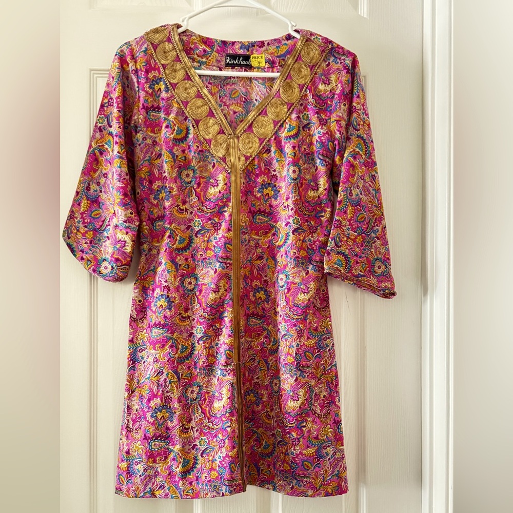 Custom made for boutique - pink crepe silk top/tunic with embroidered neck